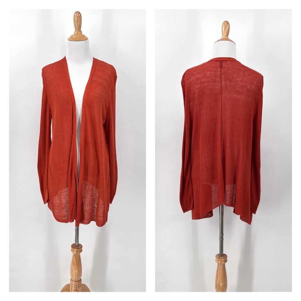 EILEEN FISHER Organic Linen Cardigan Womens Large Rust Orange High Low Sweater